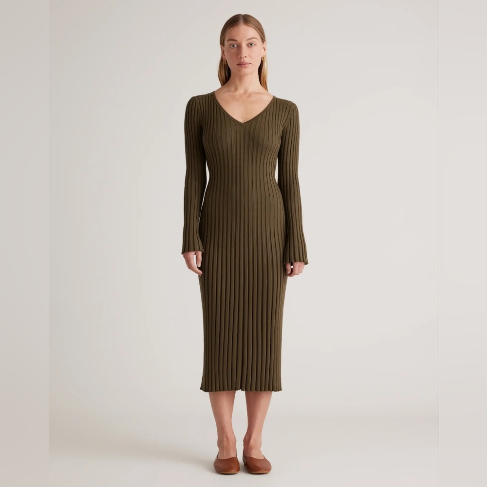 Cotton Cashmere Ribbed Long Sleeve V-Neck Midi Sweater Dress